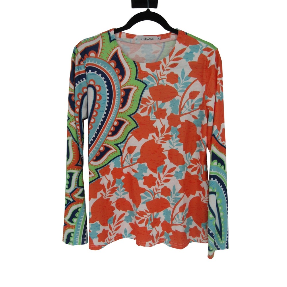 MISSLOOK Long Sleeve Tee Womens M Orange Paisley Floral‎ Crew Neck Cotton Blend